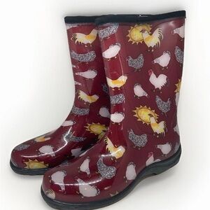 Sloggers Women’s Boots - Maroon with Chicken Design Rain Boots Made In USA Sz,9